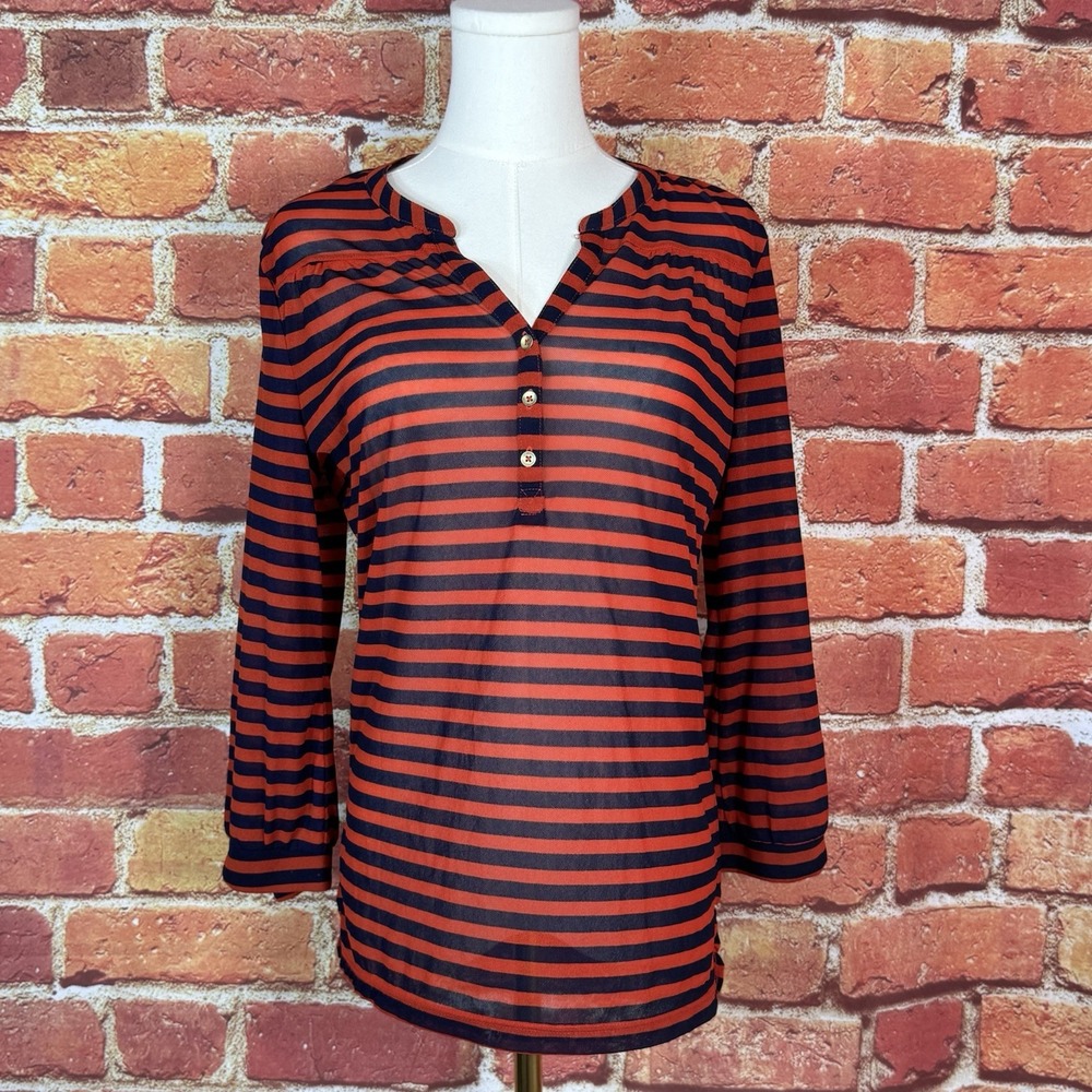 Outback Red Women's‎ Size M Sheer Red & Blue Striped Long Sleeve 1/4 Button